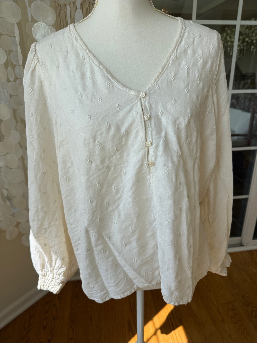 Women’s Cotton Cream Embroidered V-Neck Peasant Blouse